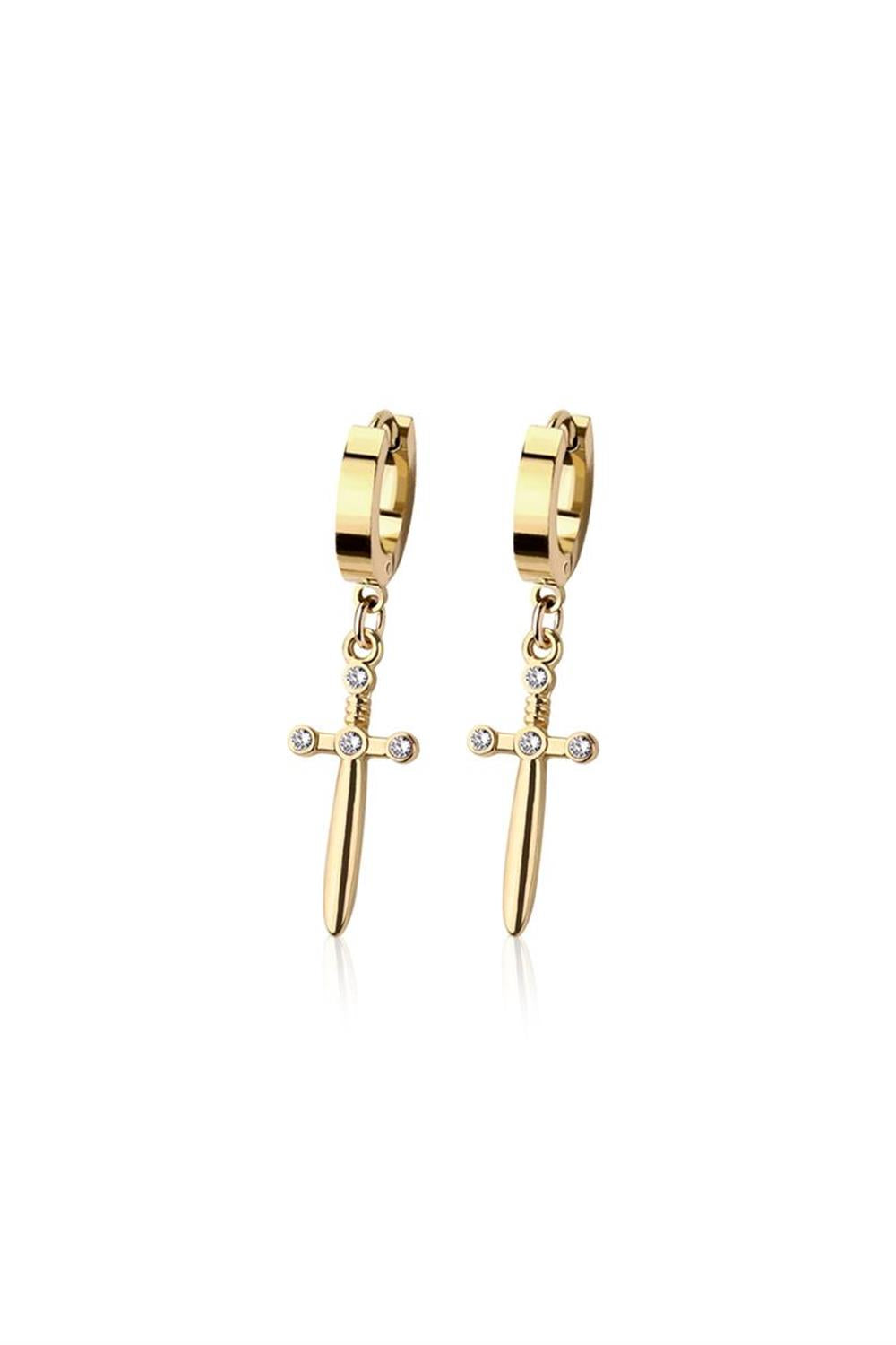 PAIR OF STAINLESS STEEL HUGGIE/HOOP EARRINGS WITH SWORD DANGLE